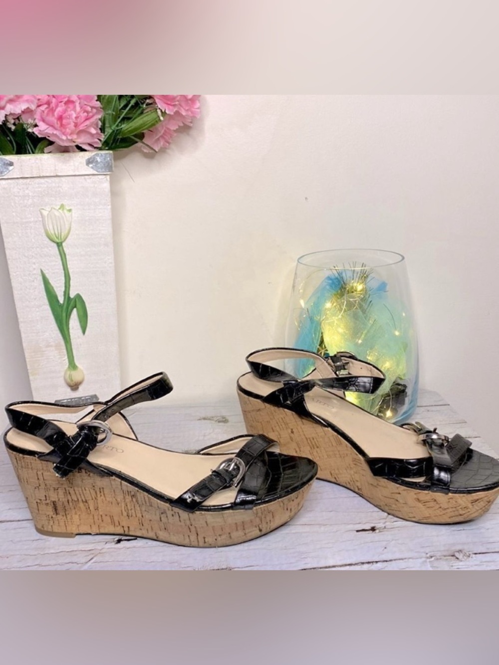 🌷 Franco Sarto🌷Black Snakeskin Corkscrew Platform Wedge Sandals NWOT 8.5M - Picture 2 of 10
